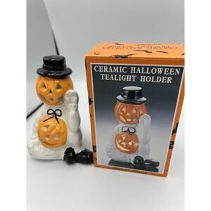 Vintage Halloween Ceramic Jack O Lantern Tealight Candle Holder Pumpkin w/box
